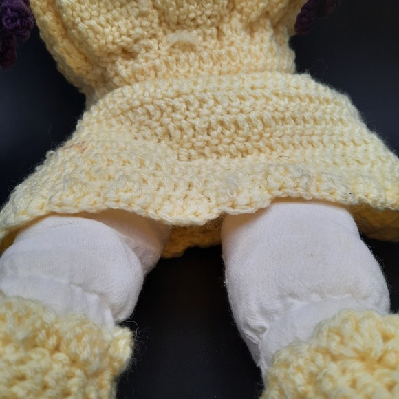 Handmade‎ Crochet Doll Yellow Dress Hat Boots Fabric Face Purple Hair Tassels - Picture 5 of 5